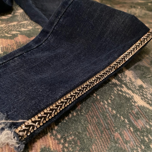 Women's Zara Jeans Blue Size 6 McBling Raw Hem Rhinestone Leg Stripe Ankle - Picture 5 of 10